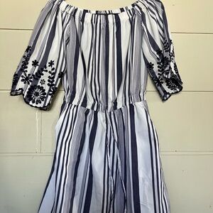 Striped Off-Shoulder Dress with Floral Embroidery